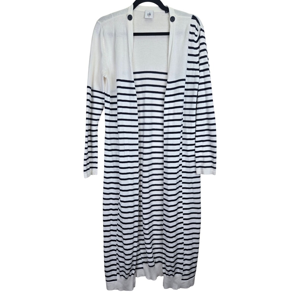 Cabi Striped Duster Cardigan Sweater Medium Long Sleeve Cream Navy Nautical Cozy